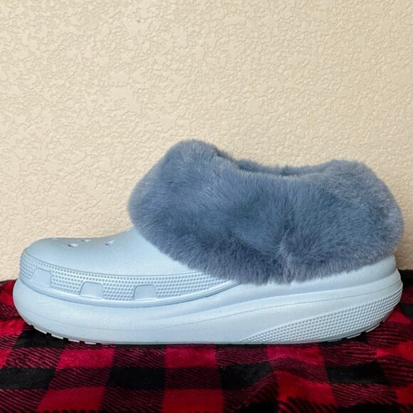 Crocs Blue Calcite Furever Crush Faux Fur Lined Slip On Unisex Shoes M 7/W 9 EUC - Picture 9 of 12